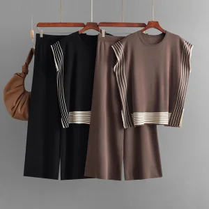 Women's Two-Piece Set Striped Knitted Pullover Sweater Loose Pants for Summer Fashionable Ropa De Mujer Roupas Femininas Da Moda