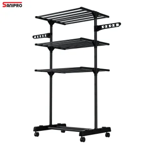 Sanipro Airfoil Multi Layer Movable Baby Clothes Drying Hanger Foldable Towel Rack Garments Hanging Rack with Wheels