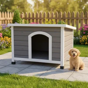 Fir Wood Dog House Outdoor Waterproof Pet Dog Cage with Elevated Base and Removable Tray for Easy Cleaning