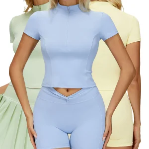Yoga Short-Sleeved Stand-up Collar Half-Zip Tight-Fitting Sports Top for Outdoor Running and Fitness