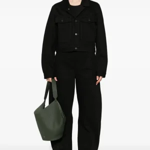 Jet Black Denim Jacket Bold Contrast Topstitching Utility Chest Pockets Classic Collar Button Front Cropped Silhouette