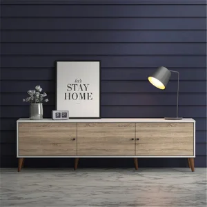 China Manufacture New Design White Painted Dark Color TV Unit with 3 Doors Living Room Storage Cabinet TV Stands