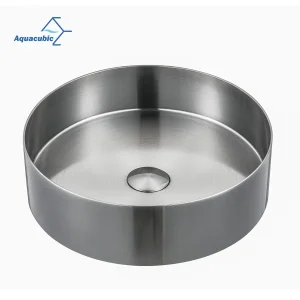 Aquacubic 16" Round Countertop Brushed Handmade 304 Stainless Steel Bathroom Vessel Sink with Drain