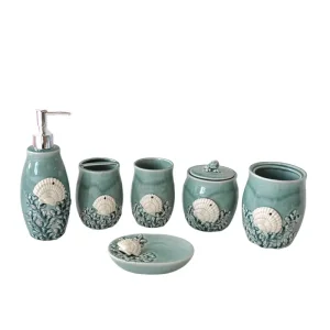 Custom Teal Glaze 3D Shell & Coral Ceramic Bathroom 6-Piece Set Supplier, Factory