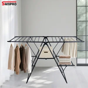 Sanipro Home Heavy Duty Metal Clothes Hangers Clothing Airer Dryer Folding Laundry Drying Rack with Height-Adjustable Wings