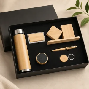 Custom Bamboo Office Gift Set with Bottle, Desk Organizer, Pen, Card Case and Keychain