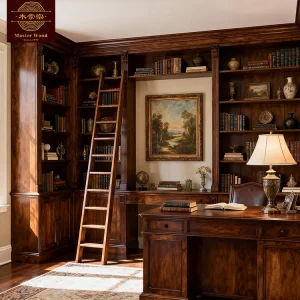 Custom Dark Solid Wooden Bookcase Book Cabinet - Vintage Luxury Built-in Corner Study Room Furniture with Rolling Ladder Whole House Customization