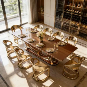Modern Luxury Dining Table Set Gold Fiberglass Frame Glossy Marble Top Furniture Large Villa Rectangular Desk