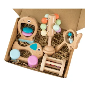 Brinquedo de Bebê Chocalho de Plástico com Meia de Crochê, Jogo de Kit Musical de Madeira