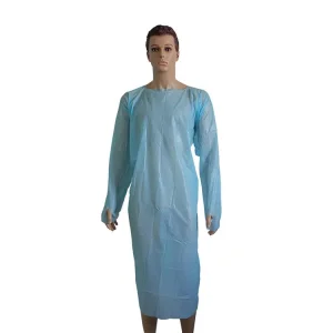 CE/ISO13485/FDA Bata de aislamiento desechable azul, delantal de plástico PPE con bucle para el pulgar
