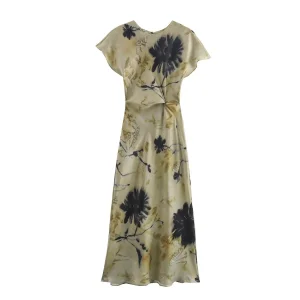 Vestido de Seda com Estampa Floral Elegante para Mulheres, Estilo Casual de Manga Curta