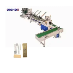 China Factory 3 Side Sealing Horizontal Flow Wrap Machine for Plastic Wooden Biodegradable Disposable Tableware High Output