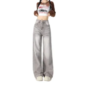 Ladies Grey Denim Wide-Leg Jeans