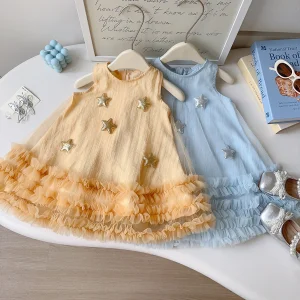 2026 New Fashion Girls Summer Dress New Arrival Starry Mesh Sundress Sleeveless Tiered Princess Skirt Softening Treatment