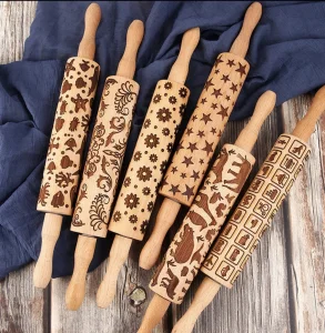 Custom Bamboo Eco-Friendly Rolling Pin Christmas Embossed Retro Print for Pastry Crafting Kitchen Tools