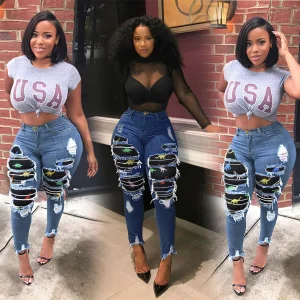 Fashion Autumn Winter Skinny Denim Plus Size Patchwork Jeans Oversized Patch Jeans Stretchy Plus Size Jeans Pants for Fat Women