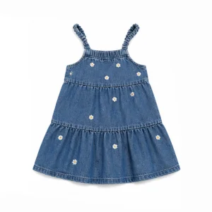 Girls Summer Casual Floral Embroidery Square Neck Sundress Children Tiered Denim Dress