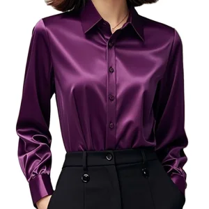 2025 New Arrival Ladies Button-down Shirt in Satin Full Sleeve Shiny Blouse