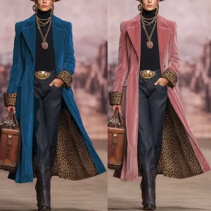 Stylish Women's Long Coat with Velvet Patchwork Design