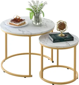 Living Room Round Marble Coffee Table Set with Golden Frame Circular and White Nesting Coffee Table