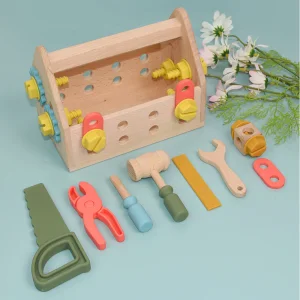 Eco-Friendly Free Bpa Silicone Wooden Role Pretend Play Toy Tools Kit With Tool Box Montessori Educational Construction Toy