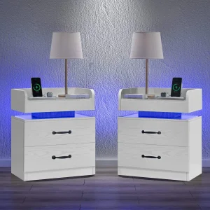 Modern Nightstand with USB Charging, 2-Tier Bedside Table with Drawer for Bedroom