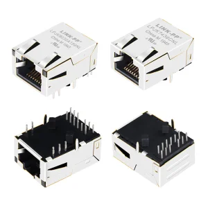 Shielded rj45 female connector low profile integrated magnetics