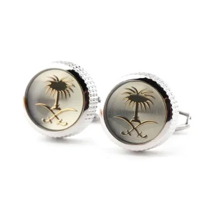 OEM JINJIE Wholesale Saudi Arabia Emblem Palm Coconut Tree Round Rose Golden Plated Metal Cuff Links CLW6002 Manufacturers, Company
