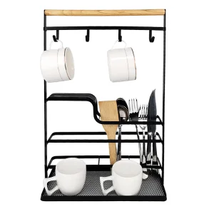 Kitchen Storage Cutlery Rack Cooking Utensils Holder Standing Metal and Wood Kitchen Organizer