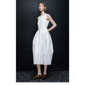 Women's Garment Wholesale Custom Cotton White Sleeveless 3D Bud Dress, Summer New Simple Versatile Business Commuter Casual Resort Wear for Export