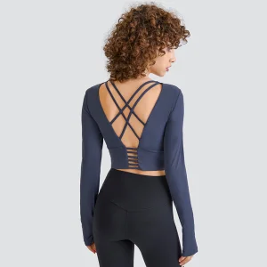 Wholesale Thumb Hole Cuffs Design Long Sleeve Back Cross Strap Women′ S Yoga Tops Fitness Activewear