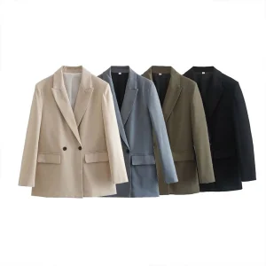 ZATRHMBM Women 2023 New Fashion Multicolor Double Breasted Blazer Vintage Long Sleeve Patch Pocket Ladies Outerwear Stylish Top