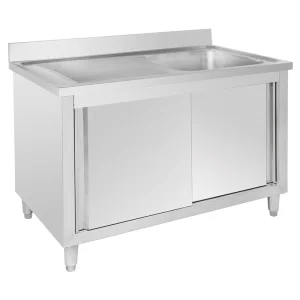 Mesa de trabajo de acero inoxidable industrial con gabinete y fregadero individual