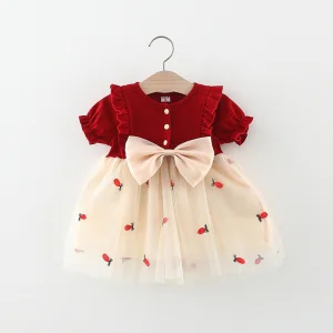 Toddler Girls Bowknot Princess Dress Birthday Wedding Parties Elegant Short O-Neck Cotton Clothing Cute Elegant Bowknot Perfect
