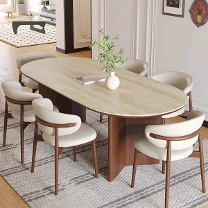 Modern Scandinavian Extendable Solid Wood Dining Table with Marble Top