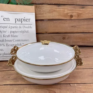 Good Quality Gold Rim Double Ears Stock Ceramic Soup Pot Dinner Set