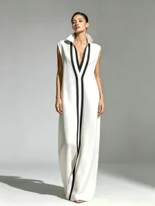 Sexy V-Neck Color Block Casual Maxi Dress
