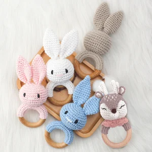 Newborn Baby Wooden Crochet Rattle Bunny Toy Teething Ring Gift Decor Wall Signs Wood Craft Box for Home Decor