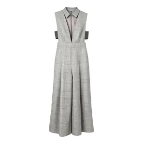 Women's Minimalist Gray Check Jumpsuit | Sleeveless Collared Wide Leg Trousers | Formal Business Casual One-Piece Outfit