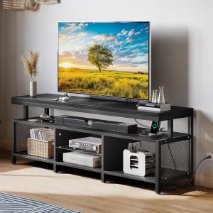 Black Modern Television Stand Industrial Media TV Console Cabinet with Power Outlets