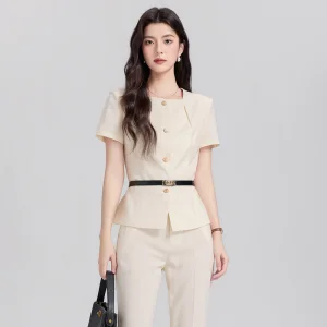 Apricot Short-sleeved Suit Women's 2026 New Professional Wear Advanced Temperament Waist commuter Women's Formal Dress