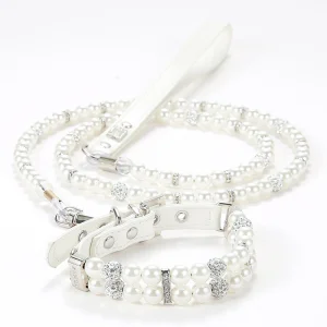Conjunto de Colar e Guia de Pérola de Luxo para Gato e Cachorro com Strass