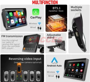 Universal 7 Inch IPS HD Touchscreen Wireless Carplay/Android Auto Pad for Car/Truck/Bike/Bus Auto Multimedia Displayer GPS Car Navigation Screen for All Vehicle