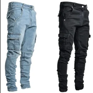 2024 Calças Jeans Estreitas com Zíper e Buraco no Joelho para Homens
