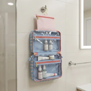 2026 New Custom Logo Portable Quilted Puffy Toiletry Bag 2 Folding Cosmetics Organizer Cute Pink Travel Bag With Hanging Hook