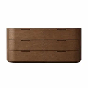 Modern Luxury Curved Walnut Dresser 6-Drawer Chest of Drawers with Recessed Handles for Master Bedroom Villa Project