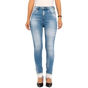 Custom Rhinestone Ripped Skinny Jeans White Lace Hem Denim Pants for Women