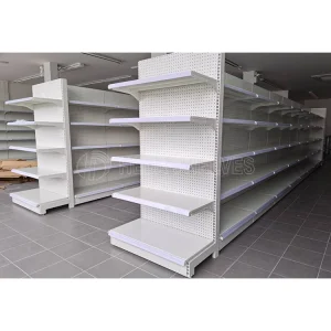 Supermarket Light Duty Style and Metallic Material Shop Fitting Double Side Gondola Metal Supermarket Shelf