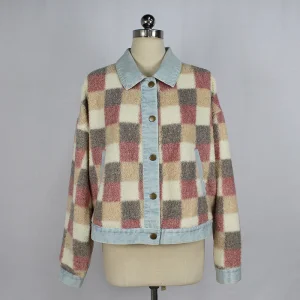 Women's Winter Casual Plaid Sherpa and Light Blue Wash Denim Patchwork Jacket