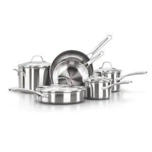 10-Piece Pots and Pans-Set Stainless-Steel Cookware with Stay-Cool Handles and Pour-Spouts Dishwasher-Safe